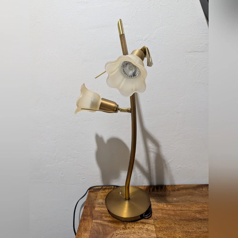 MCM Brass Desk Lamp - 2-Light Goose Neck with Scalloped Glass‎ Shades